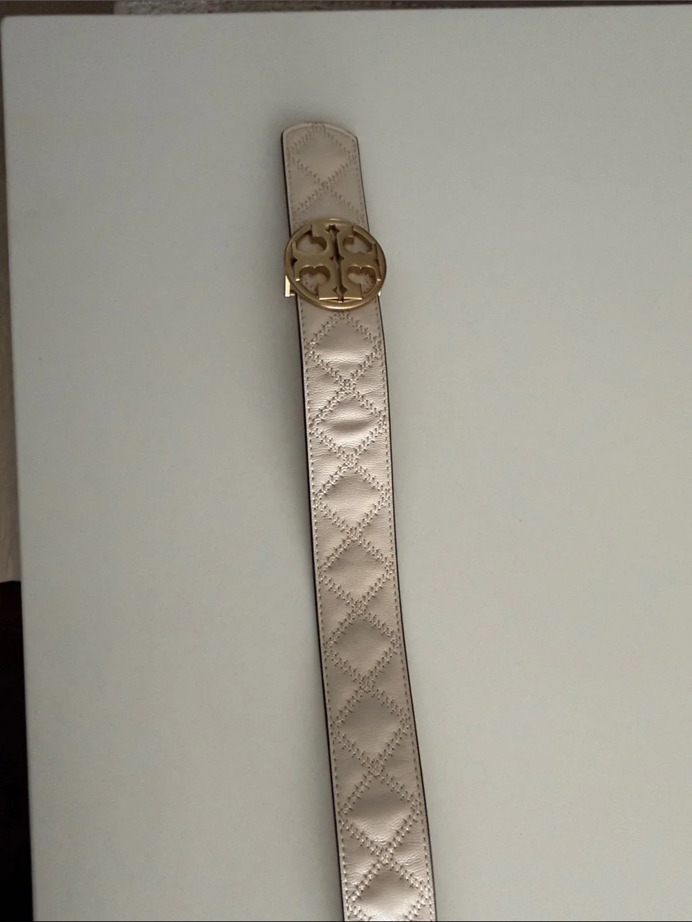 Tory Burch Cream Quilted Leather Belt with Gold Logo Buckle